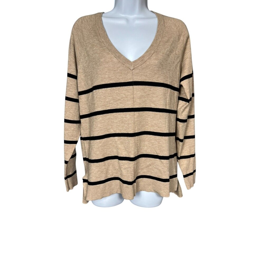 Bobeau Tan Black Striped V-Neck Hi-Low Sweater M